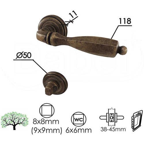 Dabel kvaka rozeta za vrata BOR AB FI50/11/118/8/9 mm WC 6X6 mm DBP3 (0101816) Slike