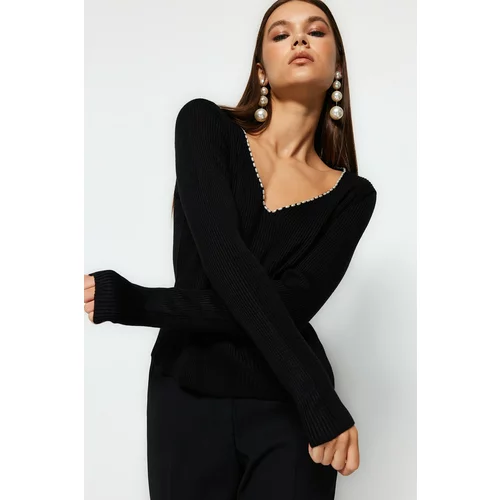 Trendyol Black Pearl Detailed V-Neck Knitwear Sweater
