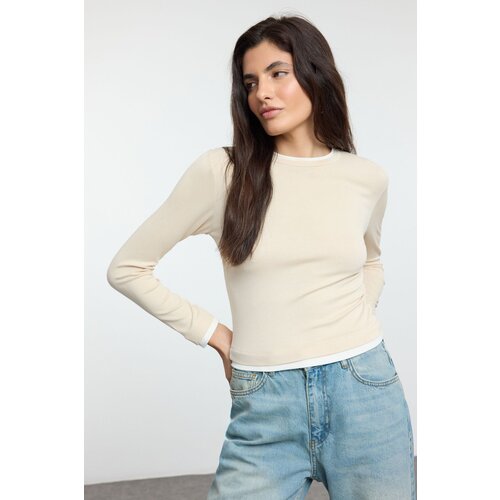 Trendyol Stone Color Block Fitted/Body-Smooth Viscose/Soft Fabric Flexible Knitted Blouse Slike