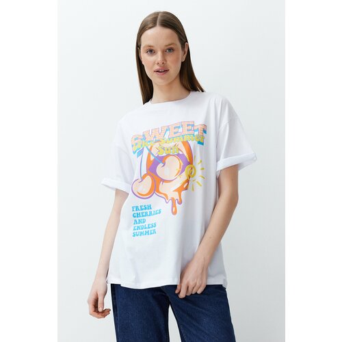 Trendyol White*001 100% Cotton Printed Boyfriend Fit Crew Neck Knitted T-Shirt Slike