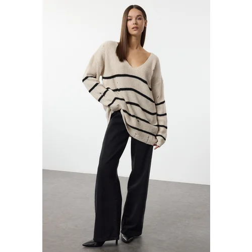 Trendyol Beige Striped Openwork Knitted Sweater