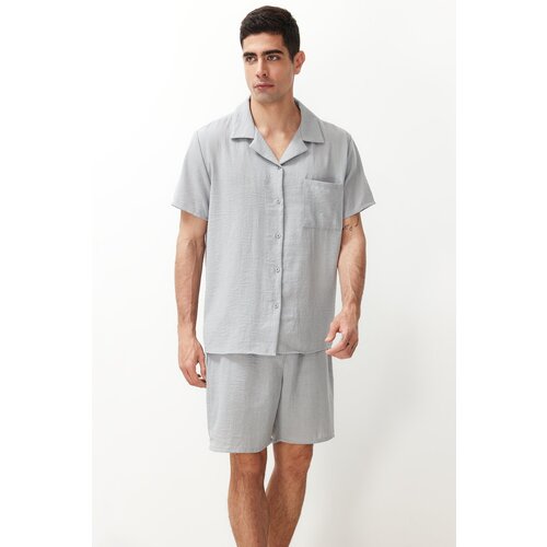 Trendyol Gray Men's Regular Fit Shirt Collar Pajama Set with Woven Shorts Cene