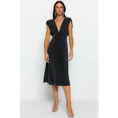 Trendyol Anthracite Sparkly Evening Dress that opens at the Waist/Skater Lined