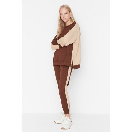 Trendyol Brown Color Block Knitted Tracksuit Suit Cene