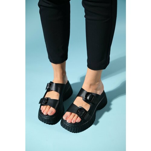 LuviShoes JOANES Black Skin Genuine Leather Double Strap Women's Padding Sole Slippers Slike