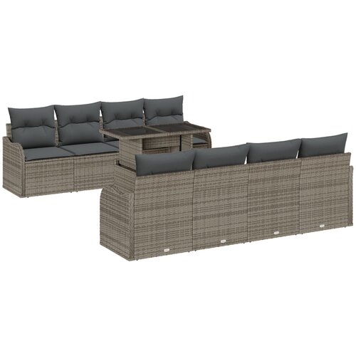 VidaXL 9-dijelni set vrtnih sofe s jastučićima siva poli ratan, 2-sjedalna vrtna sofa s jastučićima siva poli ratan Slike