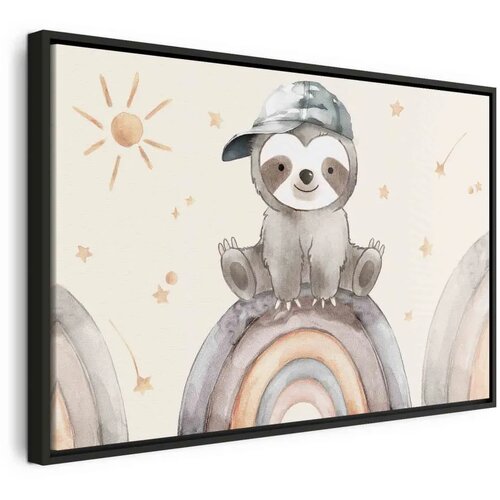  Slika - Happy Sloth - Sloth in Subdued Colors Wearing a Cap Sitting on a Rainbow Among Little Stars 90x60 U crnom drvenom okviru Cene