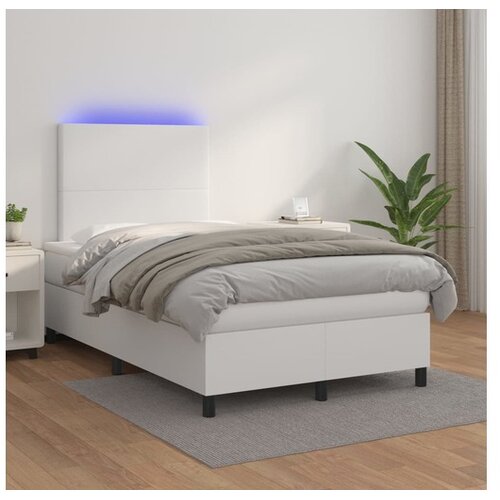  Box spring postelja z vzmetnico LED bela 120x200cm umetno usnje Cene