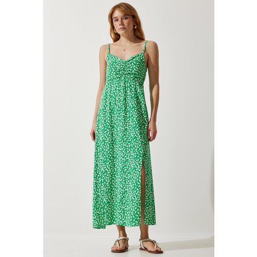  Women's Green Strap Patterned Viscose Dress Cene