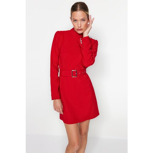 Trendyol A-Line Red Woven Dress with Belt and Button Detail Slike
