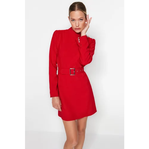 Trendyol A-Line Red Woven Dress with Belt and Button Detail