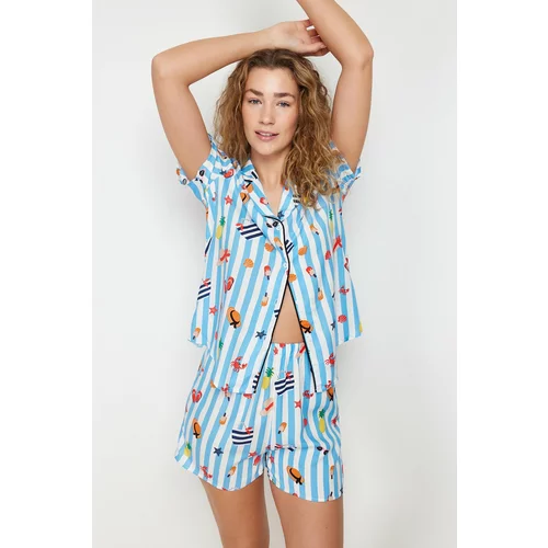 Trendyol Blue-Multi Color Printed Piping Detailed Viscose Woven Pajamas Set