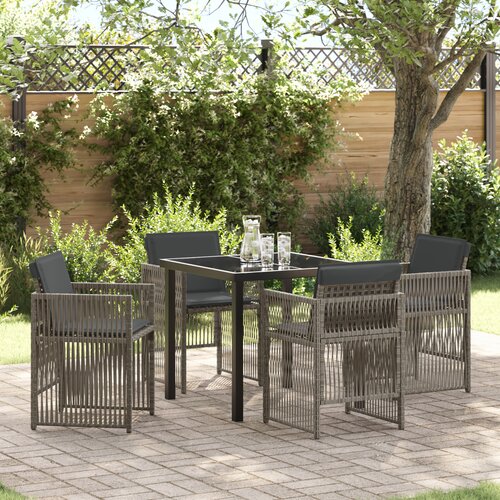 vidaXL Vrtni blagovaonski set od 5 komada s jastučićima Siva Poli Ratan, Vrtni stol Crn 80x80x73 cm Temperirano staklo Cijene
