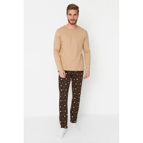 Trendyol Beige Men's 100% Cotton Regular Fit Printed Knitted Pajamas Set