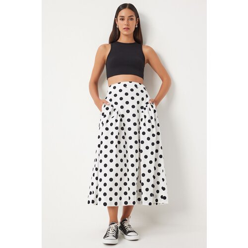 Happiness İstanbul Women&amp;#039;s White Polka Dot Summer Poplin Skirt Slike