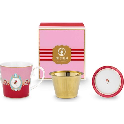 Pip Studio Love Birds Tea for One skodelica z cedilom in podstavkom - rdeča / roza Cene
