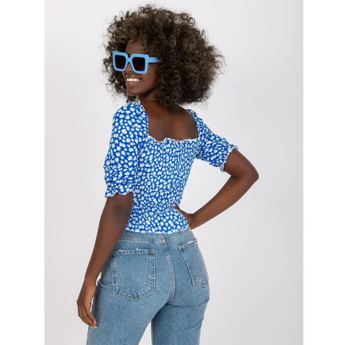 Fashion Hunters Blue viscose short blouse with RUE PARIS print