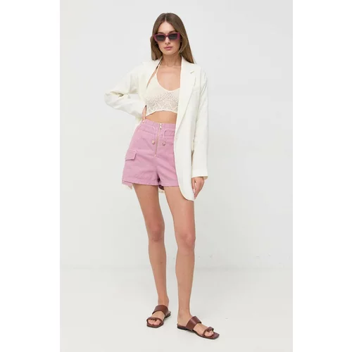 Patrizia Pepe Kratke hlače s dodatkom lana boja: ružičasta, glatki materijal, visoki struk