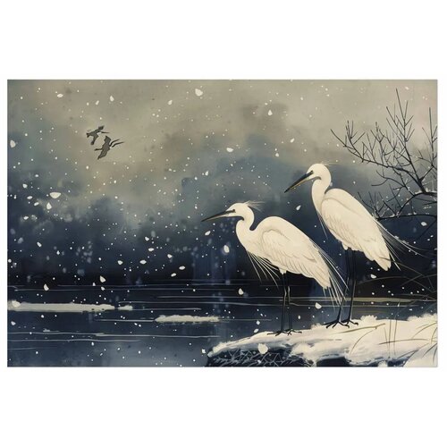  Plakat - Herons over a Winter Pond - illustration in the Japanese style in dark colors 60x40 Bez okvira Slike