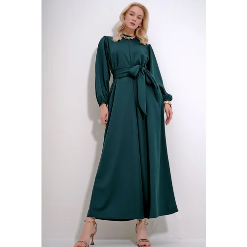 Trend Alaçatı Stili Women's Emerald Green Stand Collar Zipper Back Princess Sleeve Belted Waist Jumpsuit