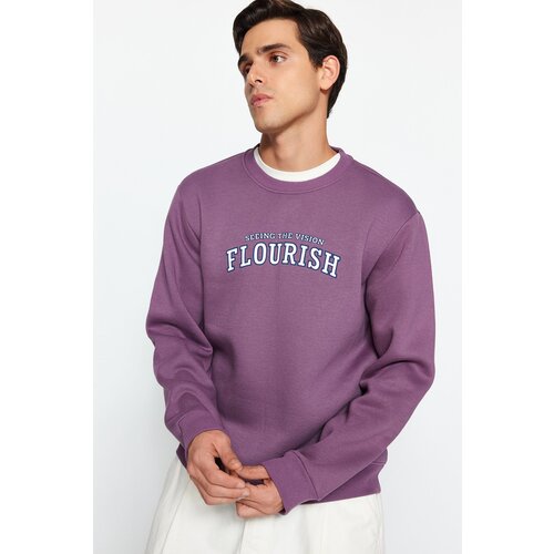 Trendyol Dark Lilac Men's Regular/Regular Cut, Text Printed Fleece Inside Sweatshirt. Slike