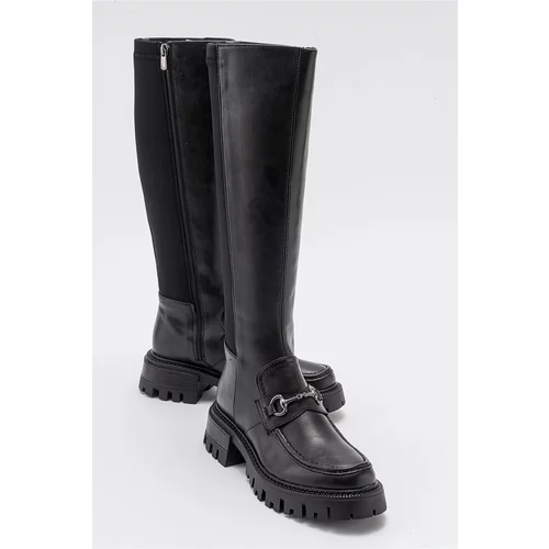 LuviShoes CHAPEL Women's Black Skin Buckle Stretch Detail Women's Boots