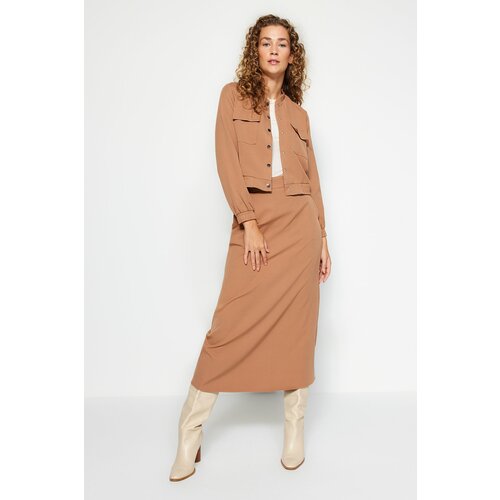Trendyol Camel Jacket-Skirt with Pockets, Woven Fabric Bottom-Top Suit Slike