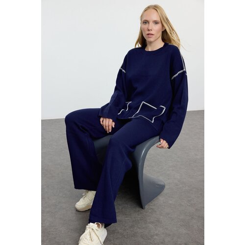 Trendyol Navy Blue Piping Detailed Trouser Knitwear Top-Bottom Set Slike