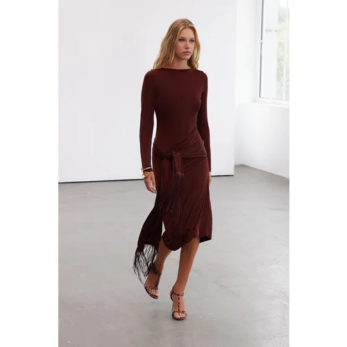 Trendyol Limited Edition Brown Tassel Detailed Buzzy Stretch Midi Knitted Dress