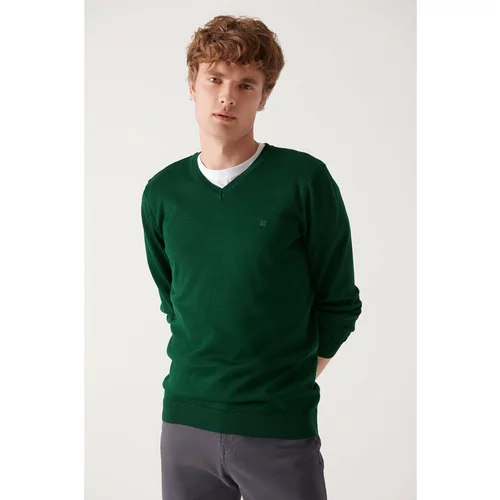 Avva Men's Green V-Neck Wool Blended Standard Fit Regular Cut Knitwear Sweater