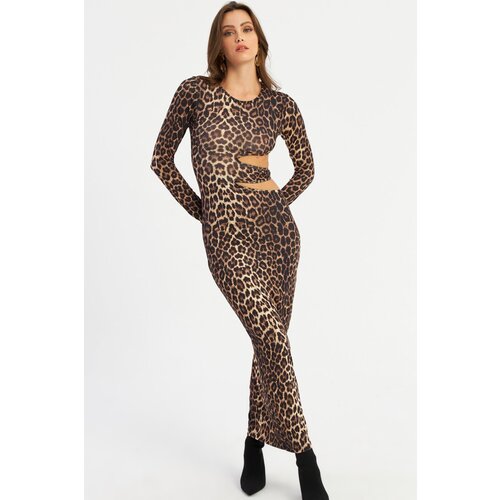 Cool & Sexy Women's Camel-Black Low-Cut Leopard Maxi New Year's Dress LIK9 Slike