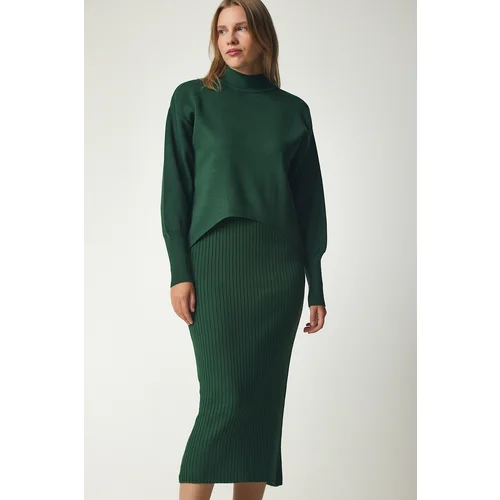  Women's Dark Green Ribbed Knitwear Sweater Dress