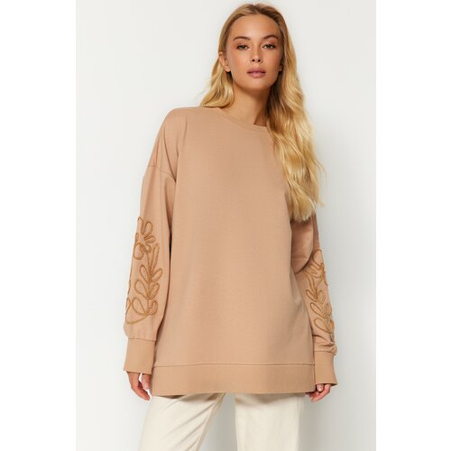 Trendyol Camel Casual Cut Sleeves Embroidered Knitted Sweatshirt Cene