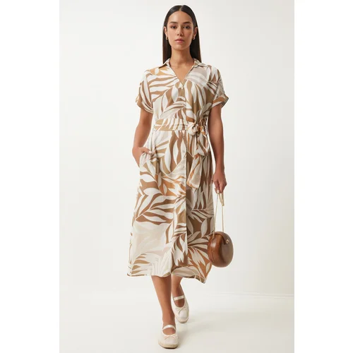 Happiness İstanbul Women's Biscuit Cream Patterned Belted Viscose Shirt Dress