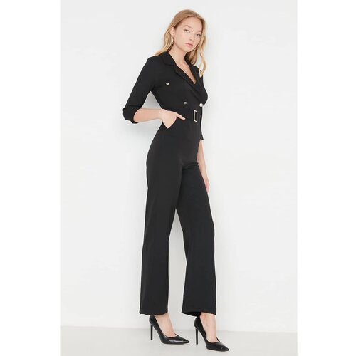 Trendyol Black Belted Double Breasted Collar Jumpsuit Cene