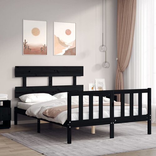 The Living Store Posteljni okvir z vzglavjem črn 140x190 cm trden les - Posteljni Okvir, (21524378) Slike