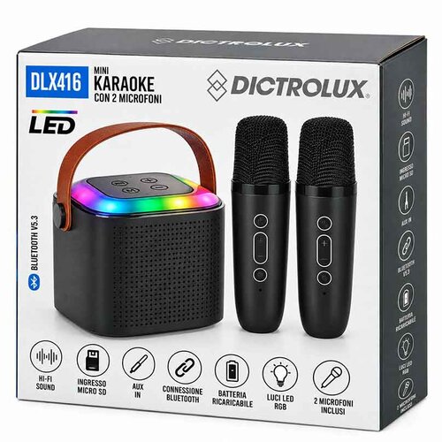 Mini karaoke set Dictrolux DLX416 &amp;ndash; zvočnik in 2 mikrofona z LED osvetlitvijo Slike