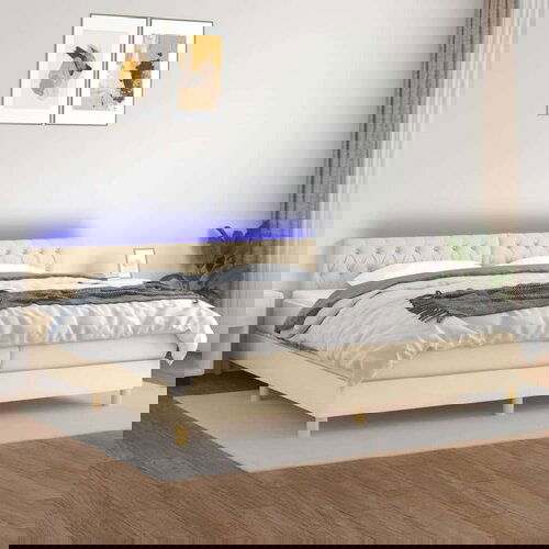  Box spring postelja z vzmetnico LED krem 200x200 cm blago, (20901341) Cene