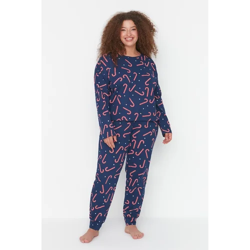 Trendyol Curve Navy Blue Christmas Themed Knitted Pajamas Set