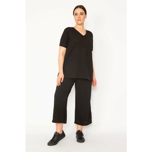 Şans Women's Black Camisole Knitted Elastic Waist Wide Leg Trousers V-Neck Blouse Suit Slike