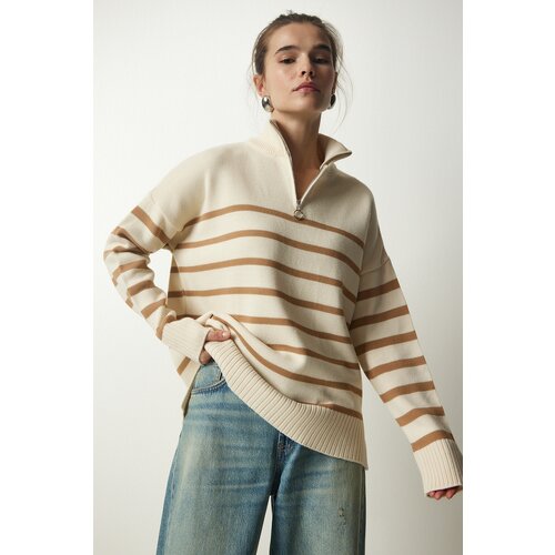 Happiness İstanbul Women's Cream Biscuit Zippered Collar Striped Knitwear Sweater Slike