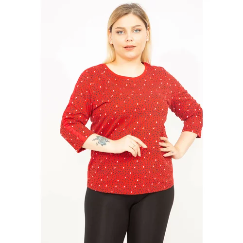 Şans Women's Red Plus Size Cotton Fabric Striped Sleeve Blouse