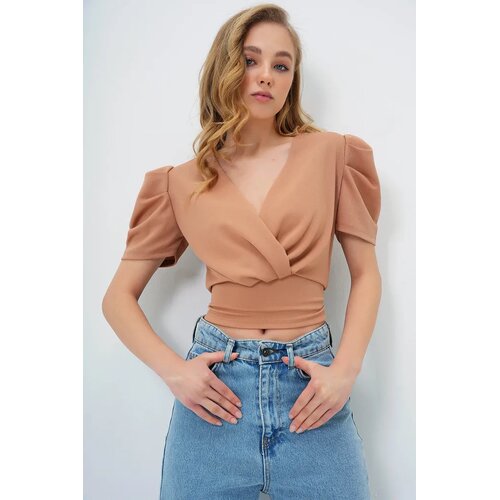 Trend Alacati Stili Ženska bluza kratkih rukava Alc-X13520, V-izrez, Bež Cene