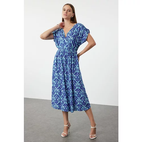 Trendyol Blue Printed A-Line Double Breasted Collar Woven Dress Woven Dress
