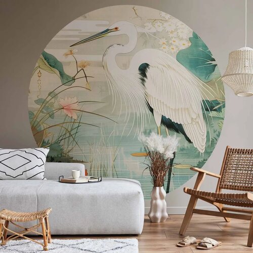  Okrugla fototapeta - By an Asian pond - an illustration in the style of a Japanese engraving depicting a heron 180x180 Cene