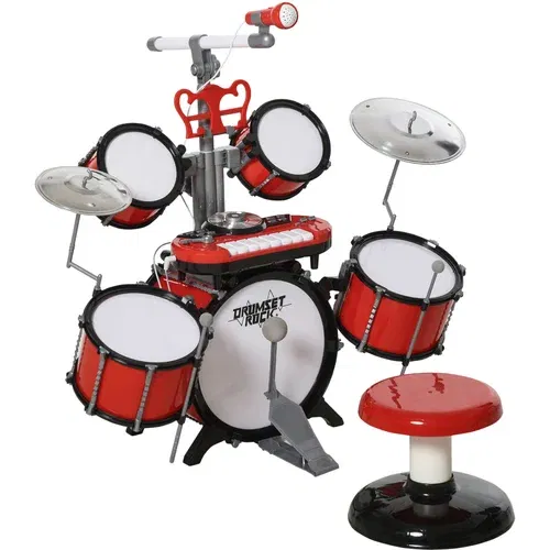 HOMCOM Otroški bobnarski set z glasbenimi instrumenti, zvočnimi učinki in mikrofonom za igrače, 77,5 x 40 x 76,5 cm, rdeč, (20755645)