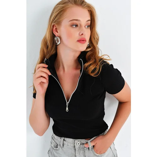 Trend Alaçatı Stili Women's Black Zipper Front Crop Blouse