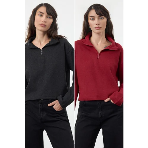 Trendyol Claret Red-Anthracite 2-Pack Thessaloniki Regular Pattern Zippered Collar Knitted Sweatshirt