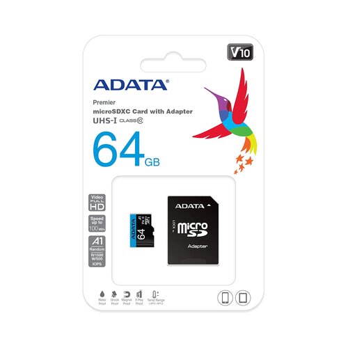 Adata UHS-I MicroSDXC 64GB class 10 + adapter AUSDX64GUICL10A1-RA1 memorijska kartica Slike