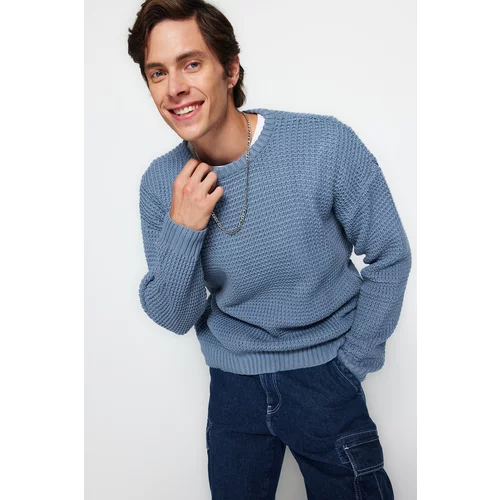 Trendyol Blue Men's Oversize Fit Wide Fit Crew Neck Textured Basic Knitwear Sweater